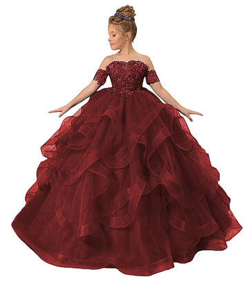 ZPVP Burgundy Girls Pageant Dress Long Ruffles Princess Flower Girl Dress Beaded Appliques Tulle Wedding Party Costumes US4