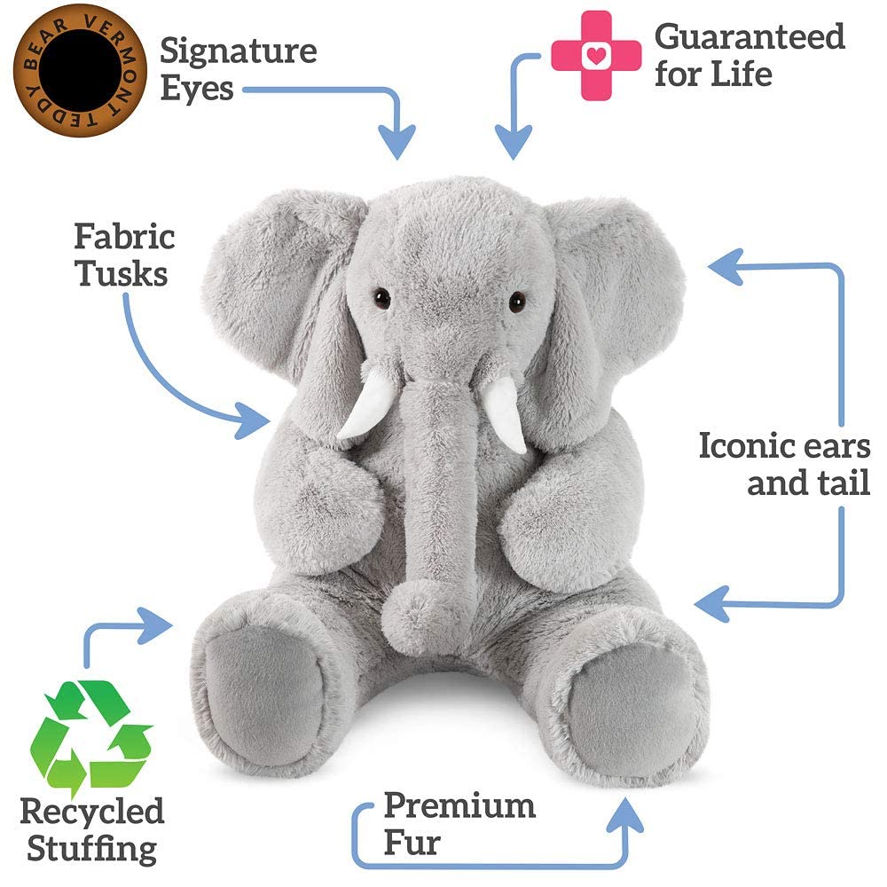 Vermont Teddy Bear 4 Foot Giant Elephant Plush - Grey Cuddle Collection Stuffed Animal, Model VTB-KT00694, Perfect for All Ages