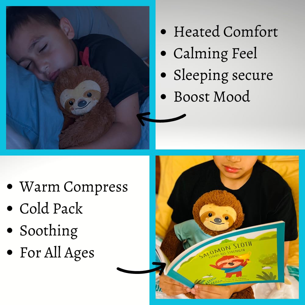 Keeping Kalm Salomon Sloth Stuffed Animal, 10" Brown Plush, Machine Washable, Weighted with Removable Heating Pad