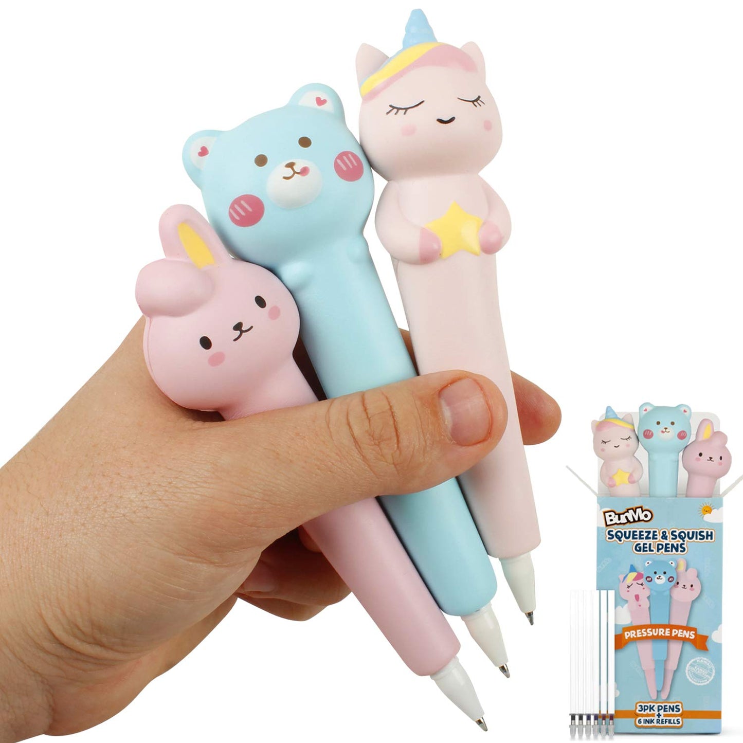 Bunmo Squishy Pens 3Pk | 6 Refills | Cute & Fun Pens For Kids | Hours Of Creative Fun | Kids Stationary & Pens For Girls | Tween Girls Gifts | Kids Pens | Gifts For Tweens 10-12 Girls