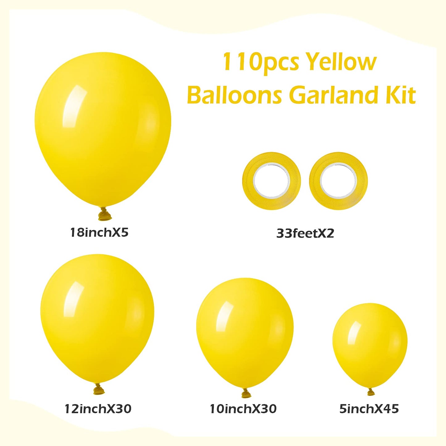 Fotiomrg 110Pcs Yellow Balloon Garland Arch Kit, 18 12 10 5 Inch Yellow Latex Balloons Different Sizes Pack For Birthday Graduat