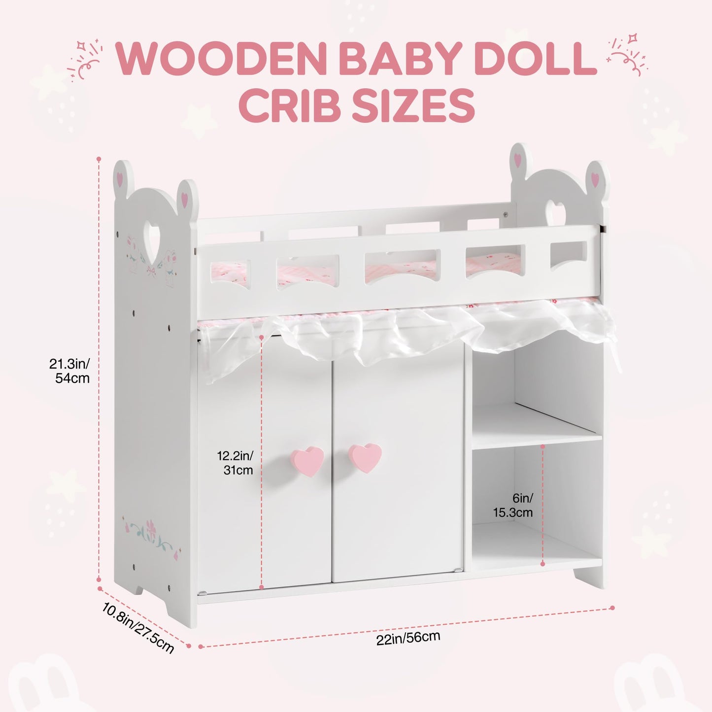 ROBUD Baby Doll Crib, Wooden Doll Bed, Baby Crib Toy with Storage, Bedding, Storage Bag and 3 Hooks, 18-21 inch Doll Accessories
