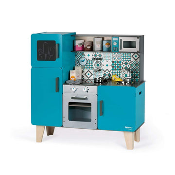 Janod Lagoon Maxi Cooker Aqua 34    Tall Wooden Kitchen Play Set with 15 Accessories - Ages 3+ - J06555