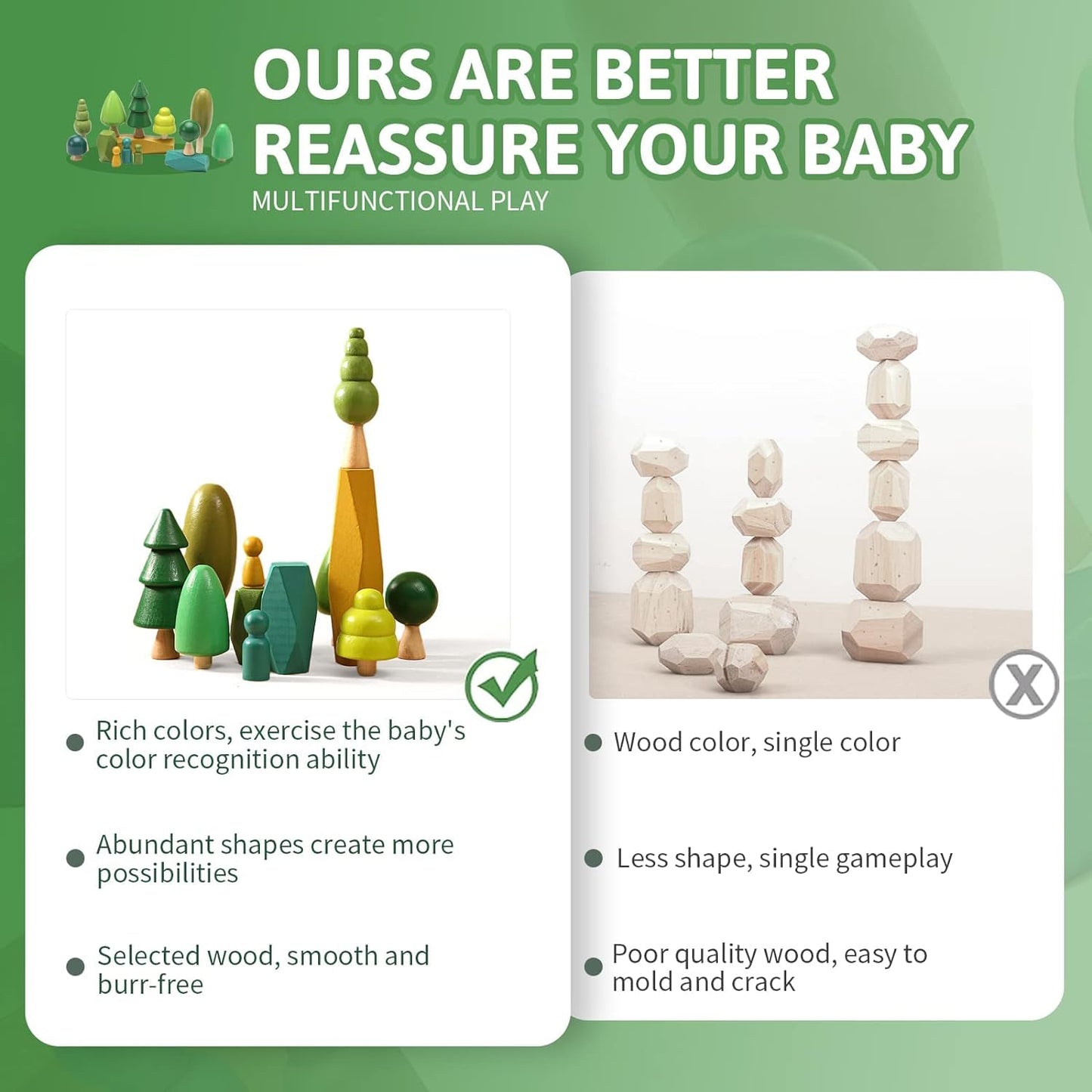 Jetmhh Wooden Tree Toys Balancing Stone Blocks | Wooden Sorting Stacking Balancing Stone Rocks | Stacking Toys For Toddlers 3+ |