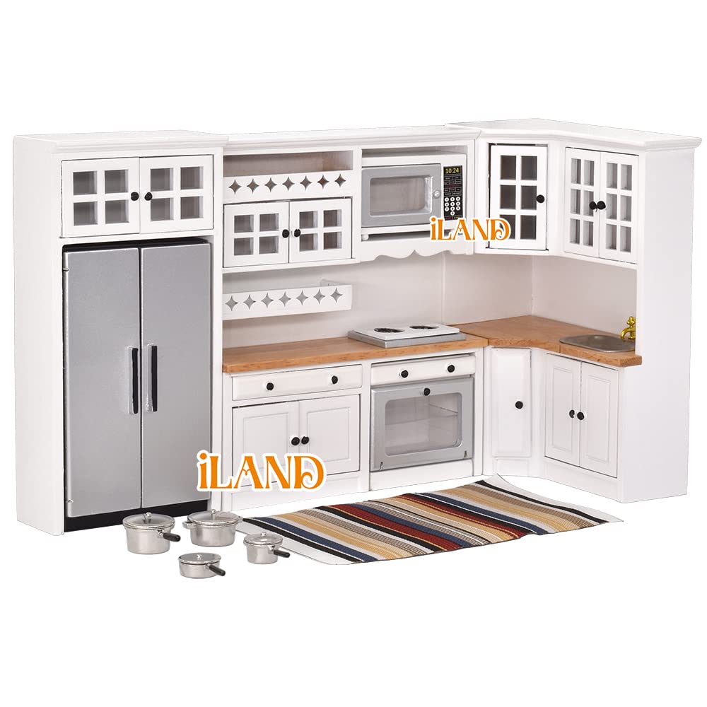 Iland Dollhouse Kitchen, Modern Dollhouse Furniture Set On 1/12 Scale Wooden White To Store Miniature Food