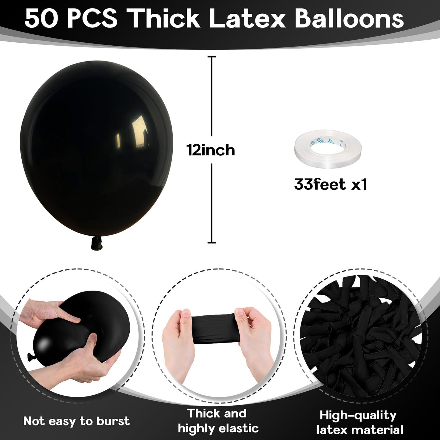 Jobkoo Black Balloons 12 Inch, 50Pcs Black Balloon Matte Black Latex Balloons For Arch Black Party Helium Balloons For Birthday