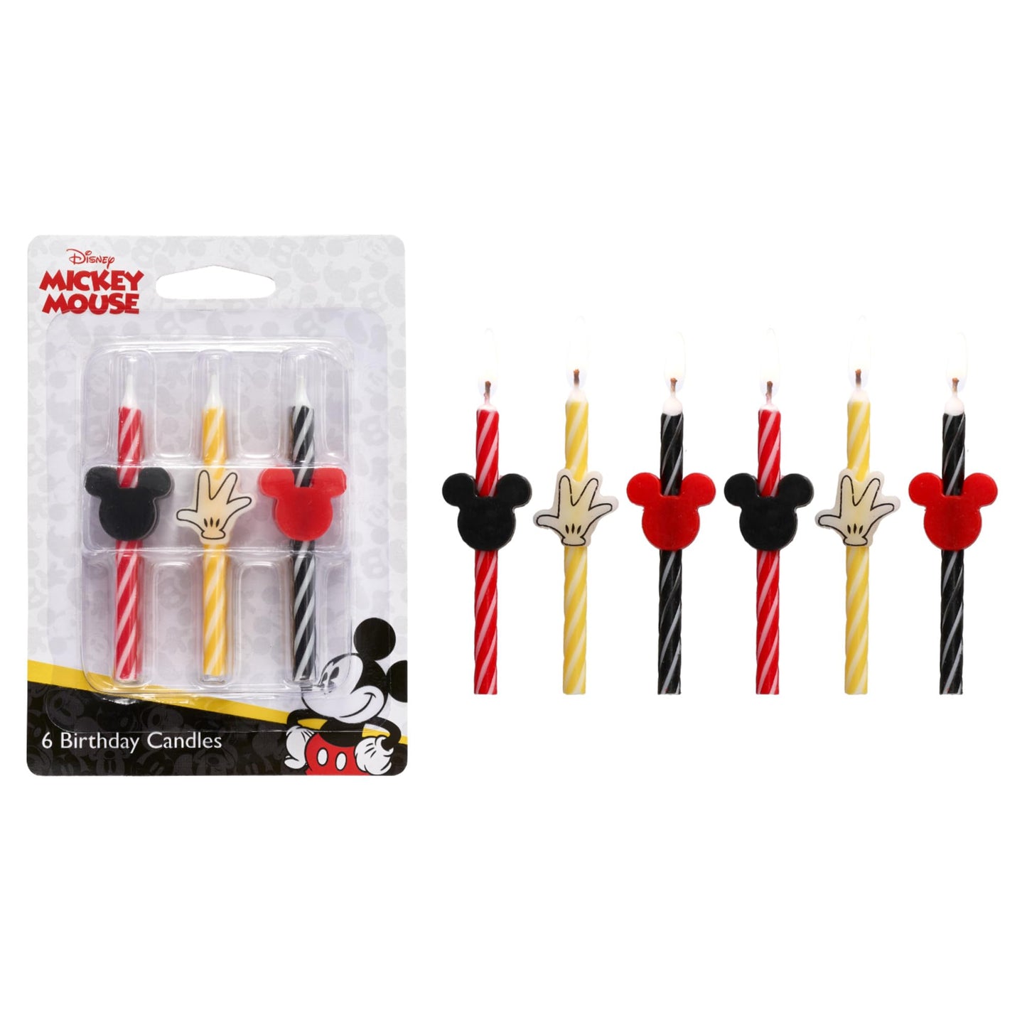 Disneys Mickey Mouse Birthday Cake Candles | 6 Birthday Candles for Cake Decorations, Red, Yellow & Black Stripe Candles for Mi