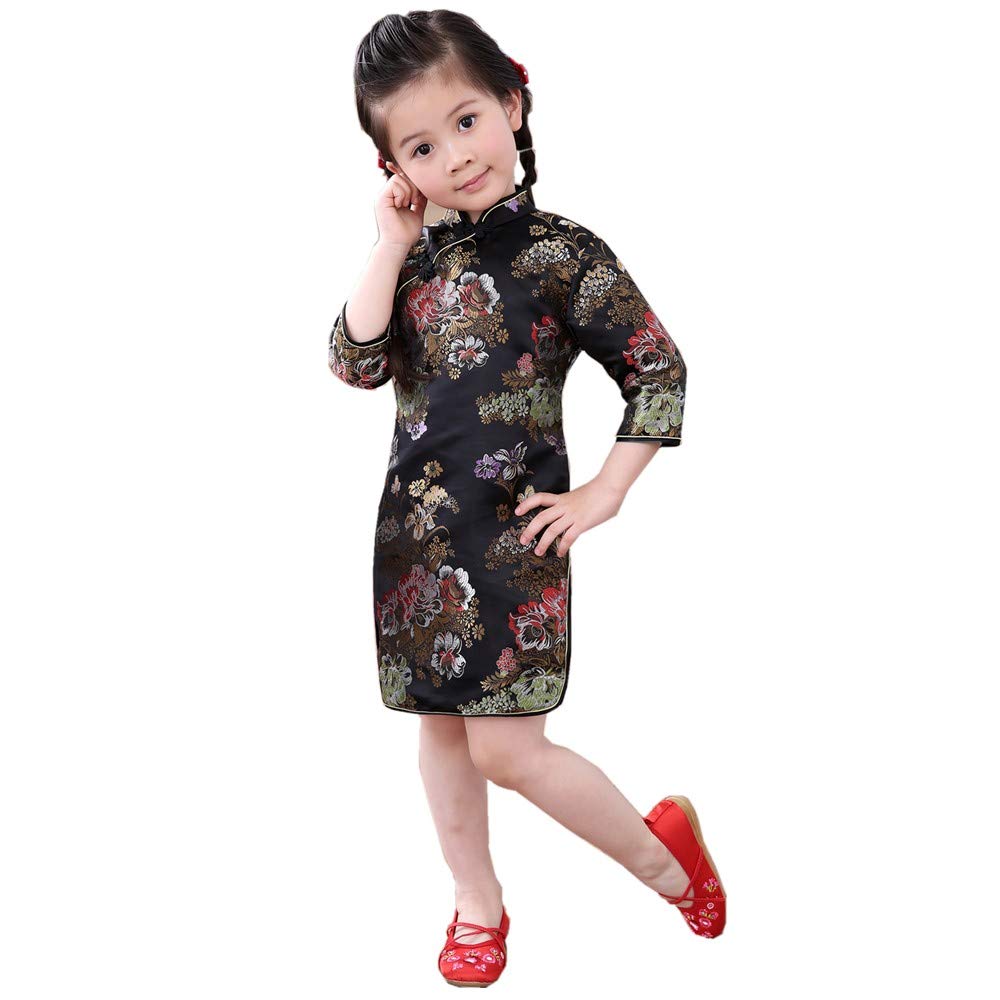 Hooyi Chinese Girls Dress Peony Rose Qipao Half Sleeve Cheongsam Wedding Dresses Princess Birthday Party Costume (Black,10)