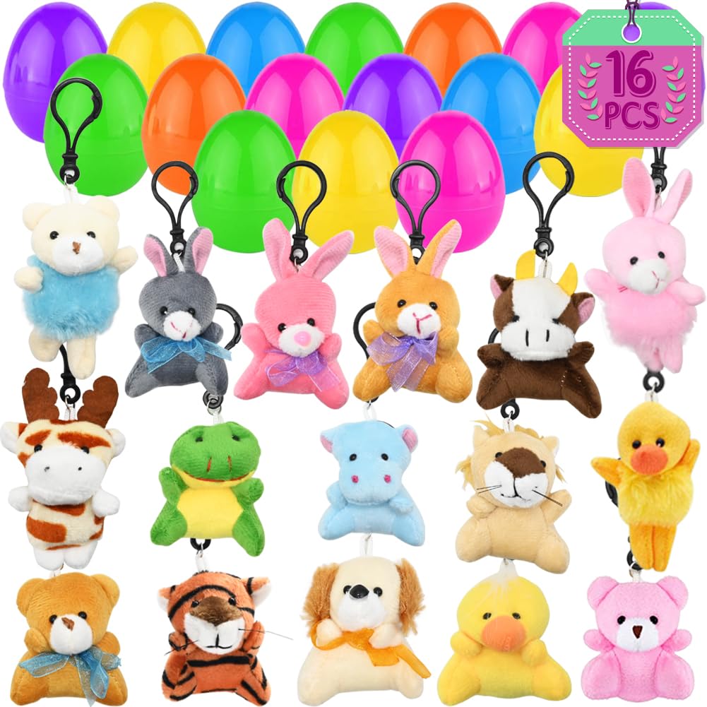 Lukbera 16Pcs Animals Keychains, Mini Assorted Animals Plush Toys For Kids Goodie Bag For Classroom Exchange Gifts