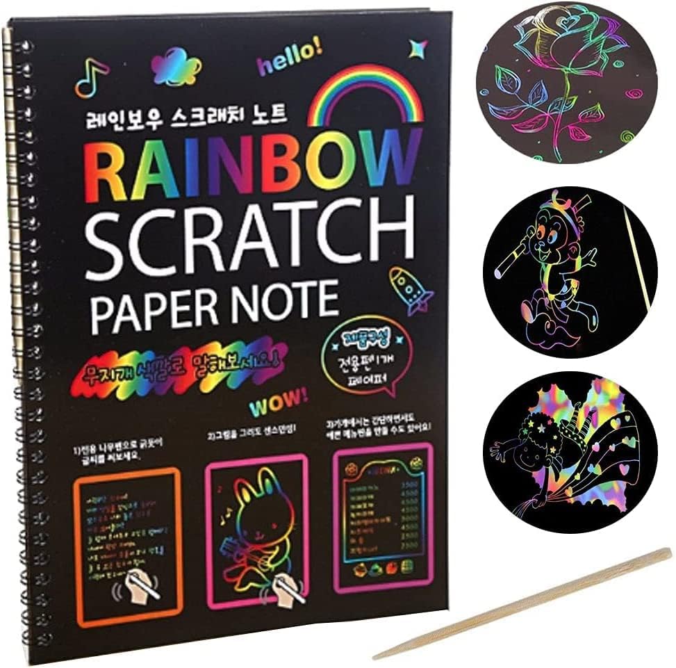 Urban Box Rainbow Scratch Paper Note Book For Kids, A4 Size, With Wooden Pen, Art Craft Kit