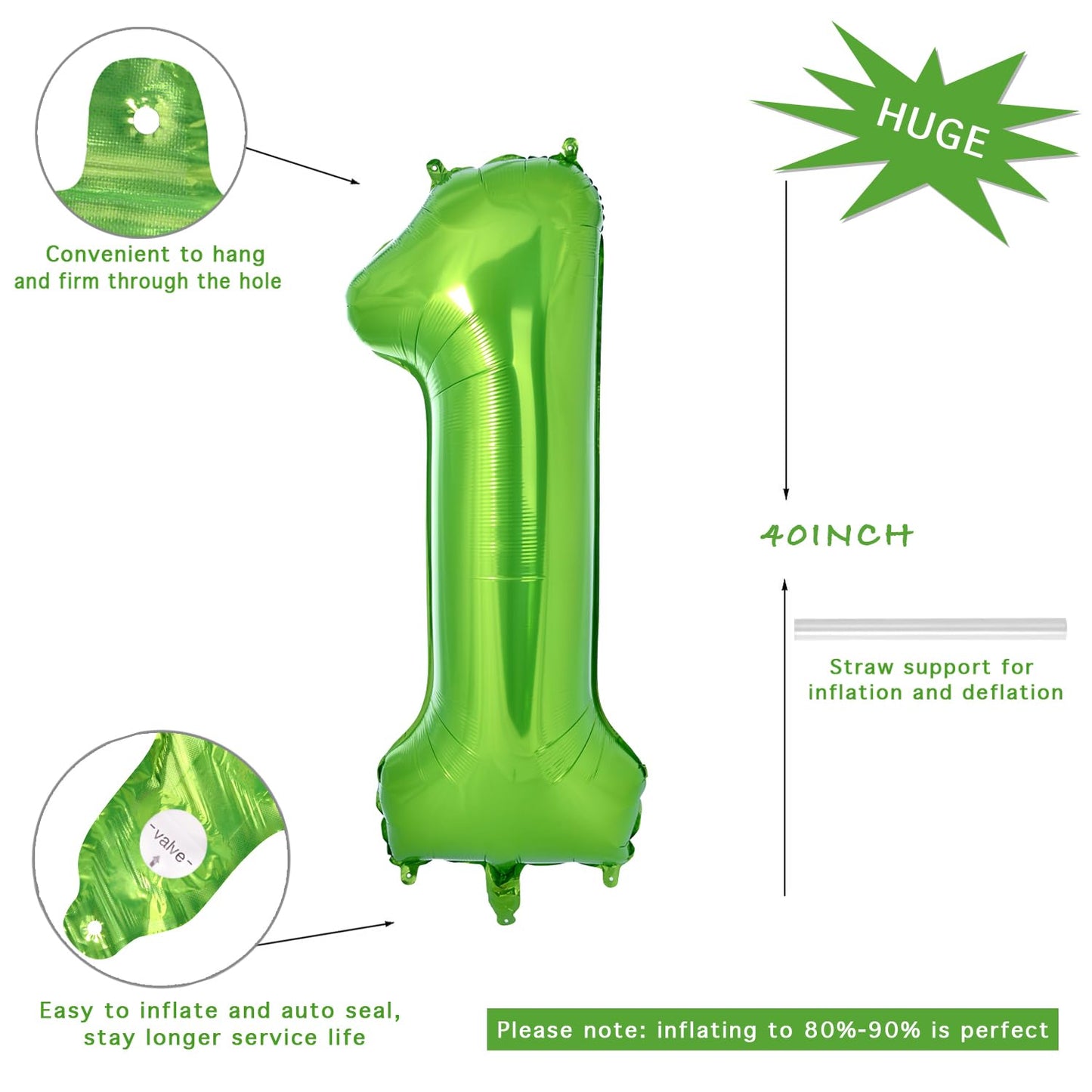 Vonokee 40 Inch Light Green Giant Number Balloons 1, Jumbo Digital Foil Mylar Balloon For Birthday Party Wedding Anniversary Cel