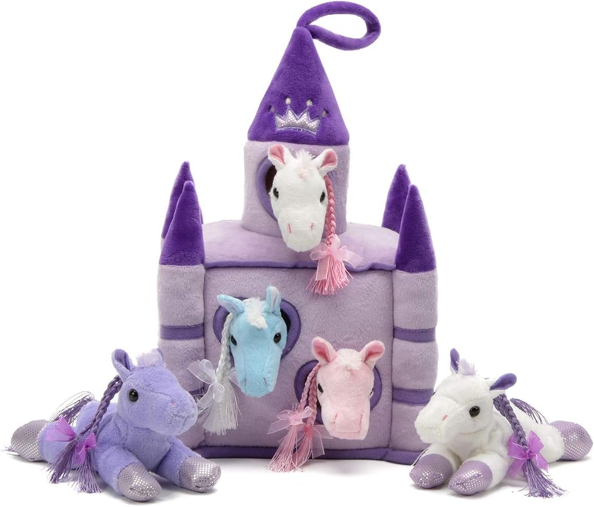 Unipak 12' Plush Castle - 5 Stuffed Animals In Castle Carrying Case (Purple Lavender Horses)