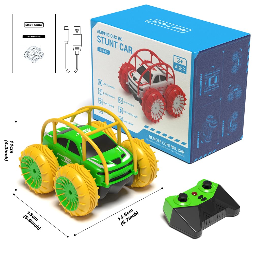 MaxTronic Amphibious Remote Control Car,Rechargeable RC Cars Toy 360 Flips Rotation Stunt Crawler 15KM/H 4WD All Terrain Outdoor