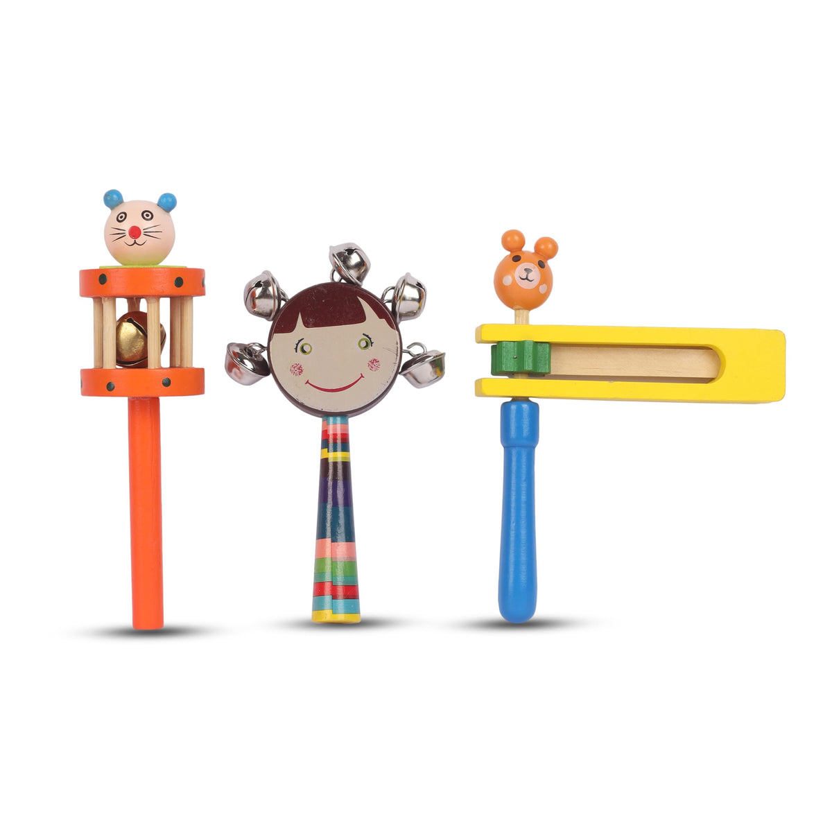 Wooden Baby Rattle & Musical Toy Combo Set Of 3 | Natural Handcrafted Teether & Sound Toys For Newborns & Infants | Safe NonTox