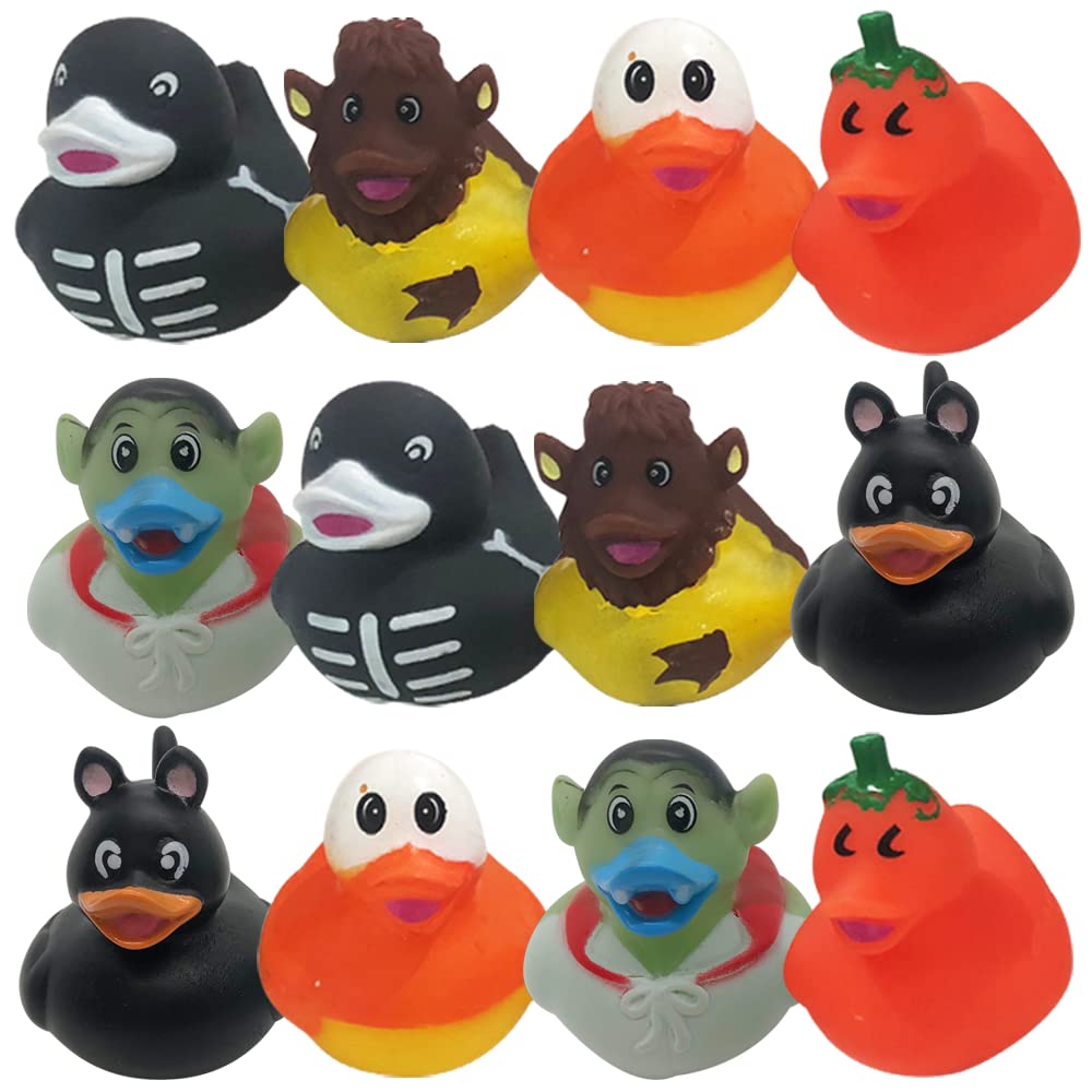 Artcreativity Assorted Halloween Ducks For Jeeps (Pack Of 12) - Variety Of Mini Rubber Halloween Characters, Trick Or Treat Supplies, Goodie Bag Fillers, Party Favors, Halloween Themed Bathtub Toys