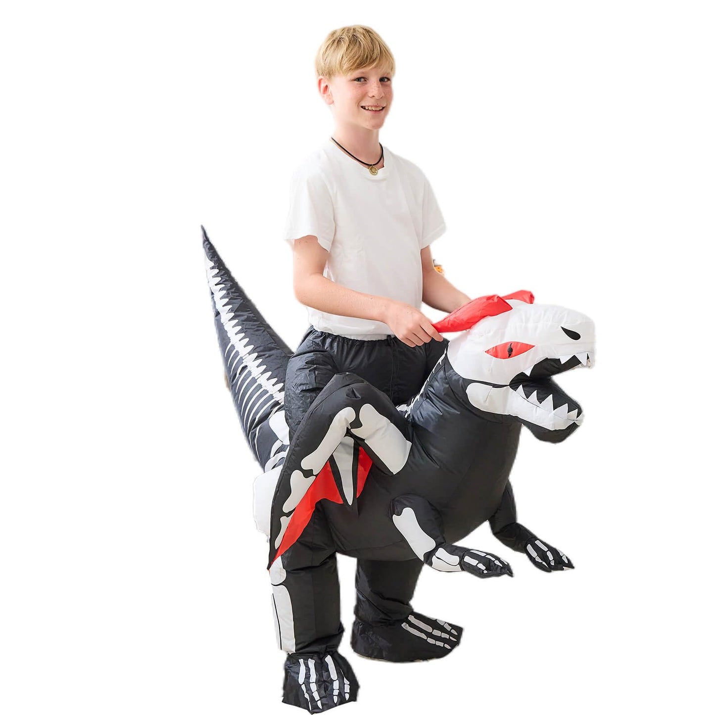 Aiwendish Halloween Inflatable Skeleton Riding Dinosaur Costume For 8 10 12 Kids Blow Up Ride On Dragon T-Rex Cosplay