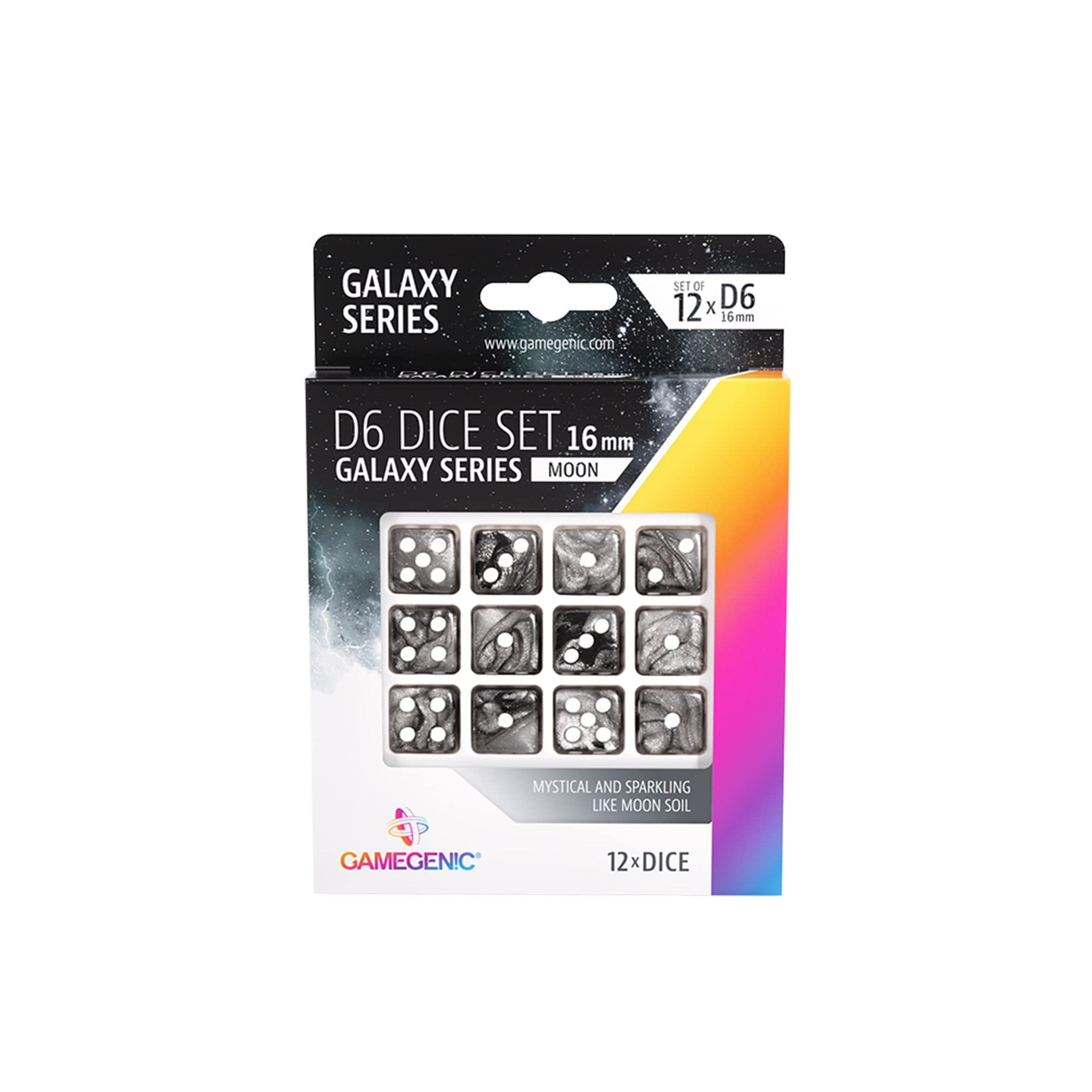 Galaxy Series Moon D6 Dice Set | Set of 12 Six-Sided Dice | enhanced Quality Resin Dice for Dice Games  Board Games and Card Games | Cosmic Glittering Design | Black Color | Made by Gamegenic