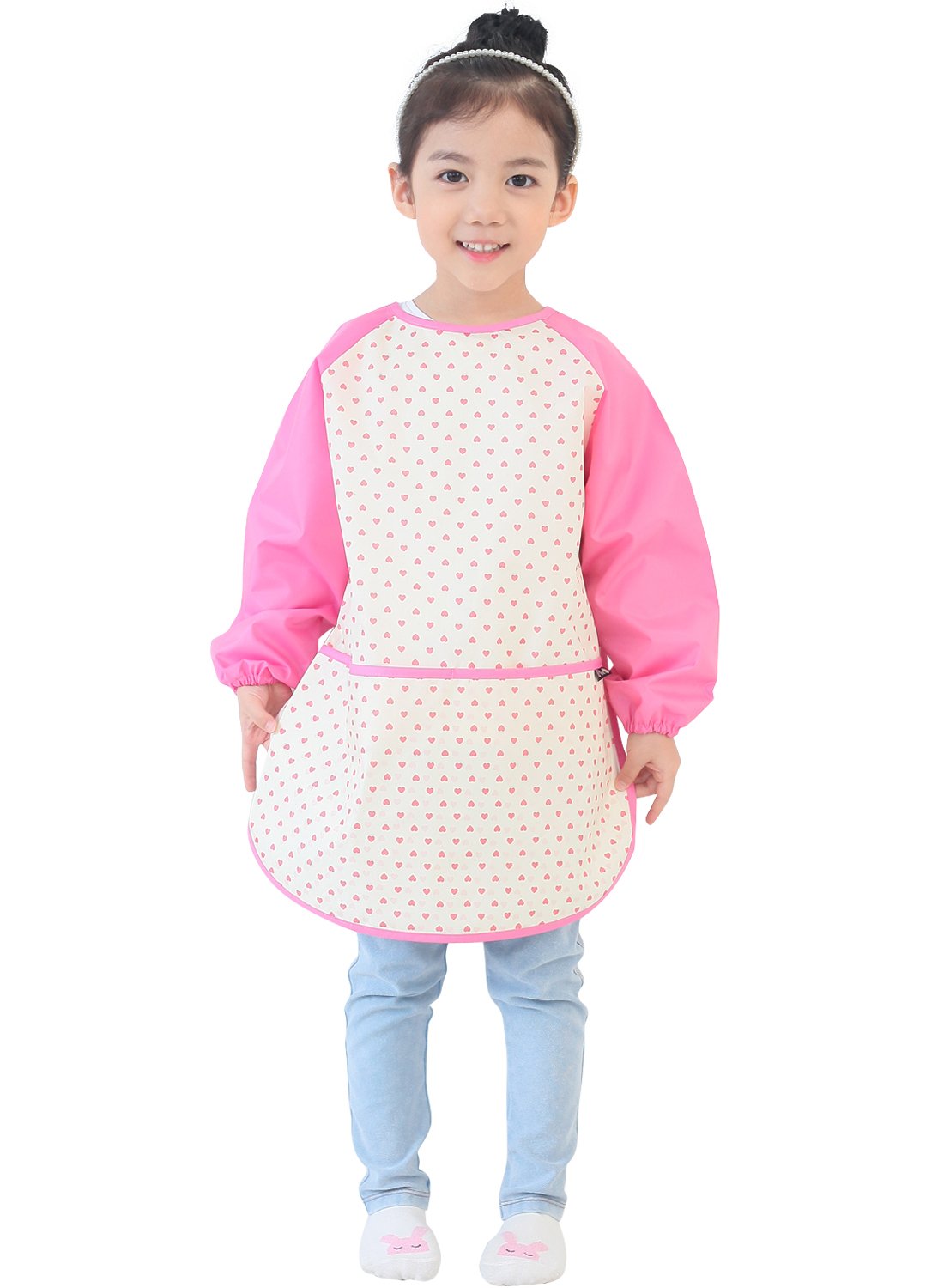 Plie Waterproof Kids Art Smocks 37 Colors (Age 1-10, S-XXL size), Pink Heart Dot (27-M)