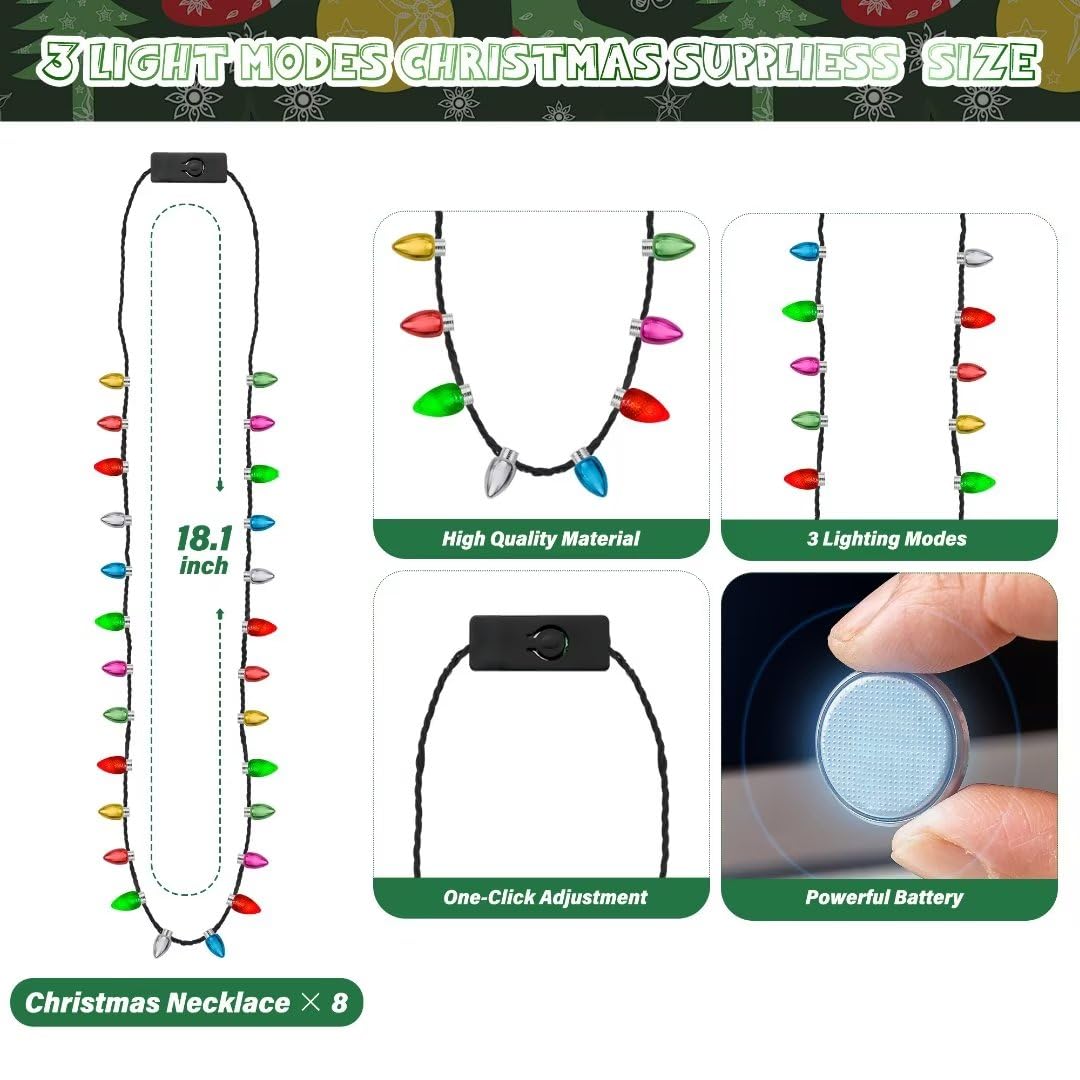 Christmas Necklace Accessories, 8Pcs Light Up Christmas Necklaces, Glow Christmas Bulb Necklaces Boys Girls, 3 Modes Colorful Li