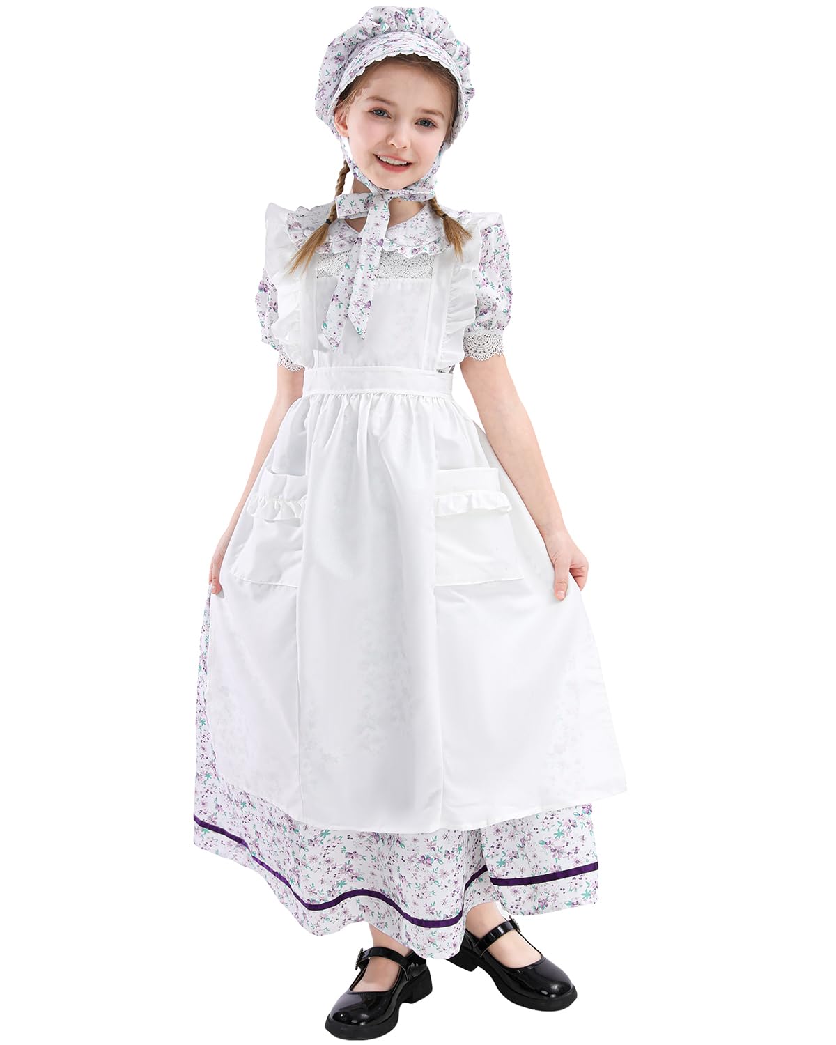 Cr Rolecos Colonial Prairie Costume Girls Floral Pioneer Dress For Girls Short Sleeves Pilgrim Costume Light Purple S Age Over 4