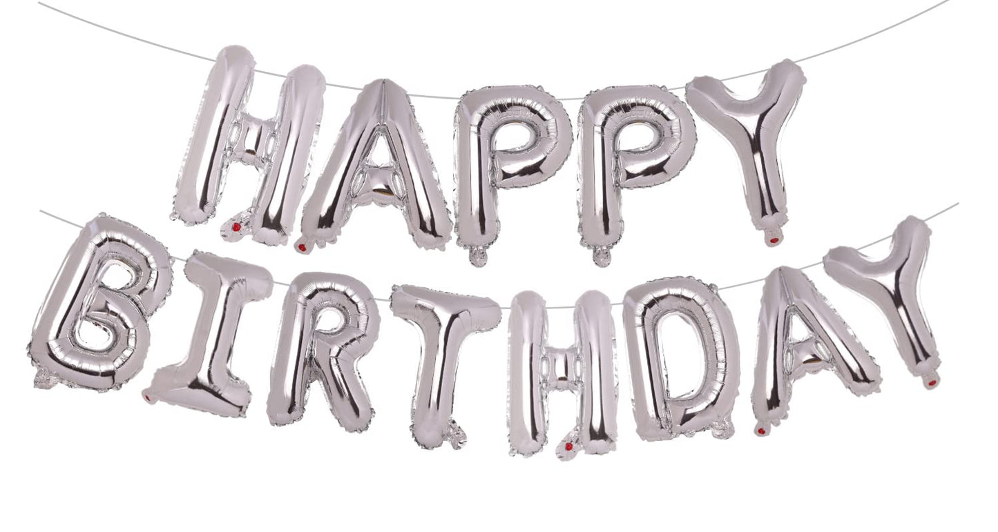 Pigetale Silver Happy Birthday Balloons Banner, 16 Inch 3D Aluminum Foil Inflatable Hanging Letter Kit Set, Mylar Happy Birthday