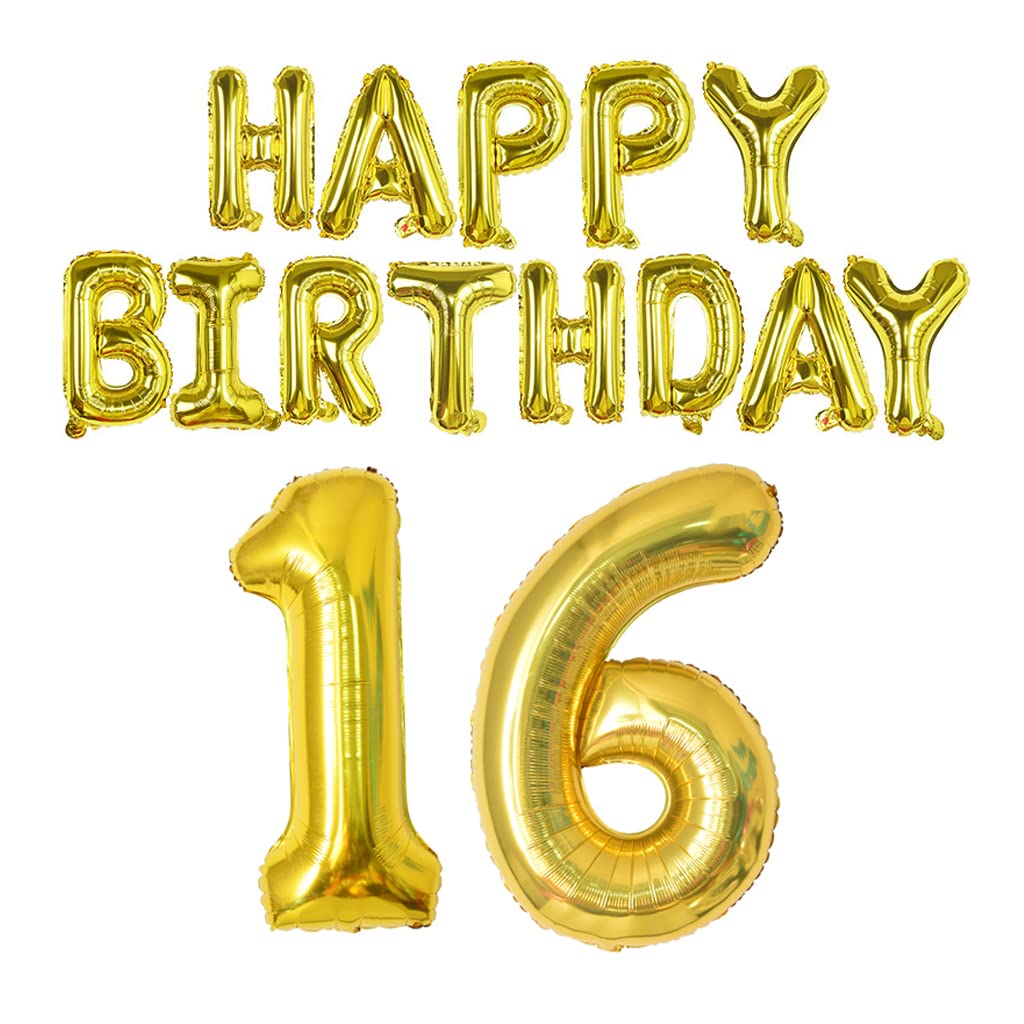 Happy Birthday Balloon Banner 40 Inch 16 Balloon Number 16 Inch Happy Birthday Letters Balloons Gold Foil Mylar Balloons For 16T