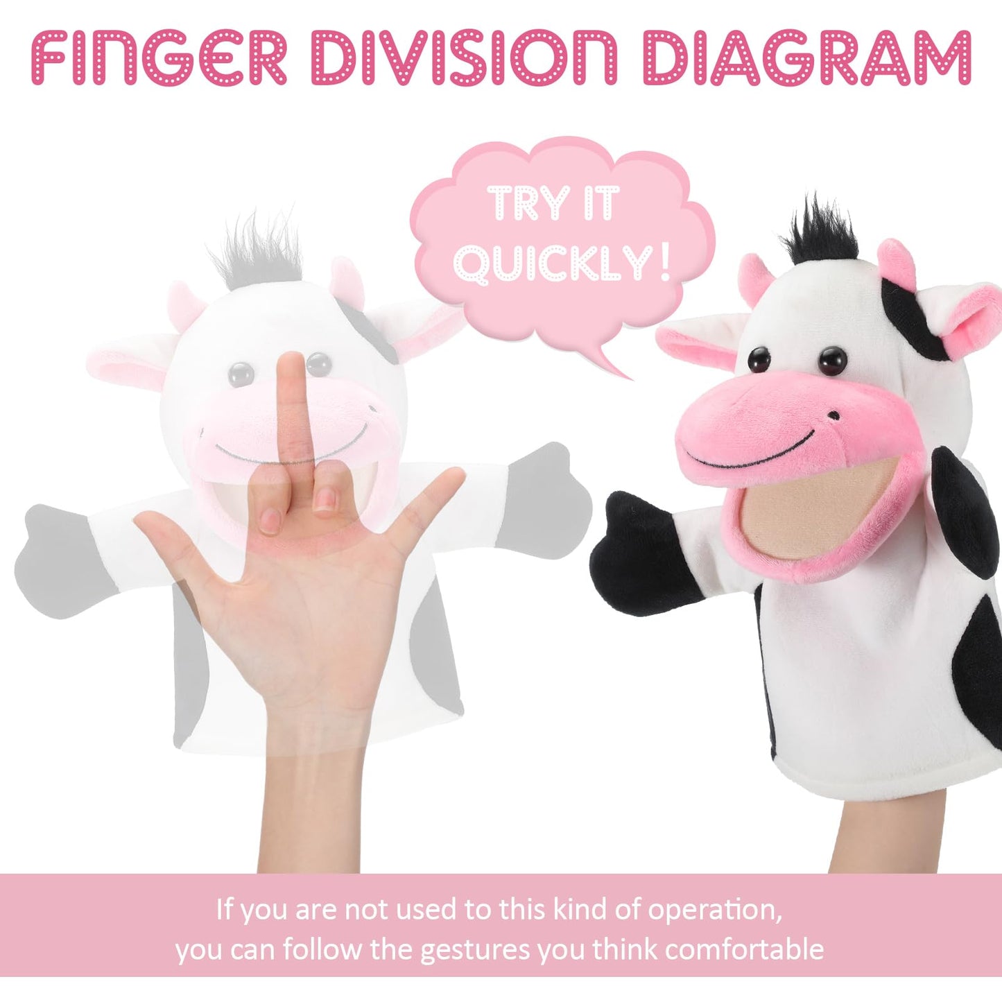 Zomiboo Hand Puppets Soft Animal Hand Plush Toy With Movable Mouth Imaginative Pretend Play Stocking Storytelling Interactive Toy (Cow)