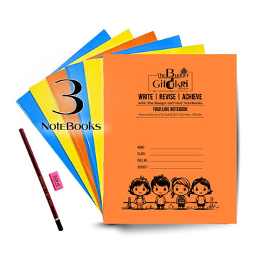 The Budget Giftokri Notebooks Set | Pack Of 3 | 5-Line (Hindi), 4-Line (English), Square (Maths) | 120 Pages | With Free Station