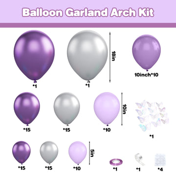 Purple Silver Balloon Arch Kit, Metallic Purple Silver Butterfly Balloons With Butterfly Stickers For Kids Butterfly Party Decorations Birthday Balloons Baby Shower Engagement Party Supplies