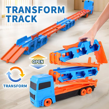 Tiaoniao Transport Truck Toy For Kid, 61-Inch Dual Race Track And Eject Car, 6 Metal Cars And Foldable Storage Carrier Truck Set
