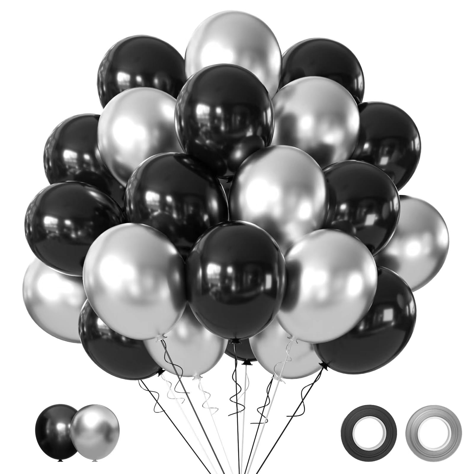 Black And Metallic Silver Balloons, 50Pcs Black And Silver Balloons Party Decorations 12 Inch Black Silver Party Balloons For Bi