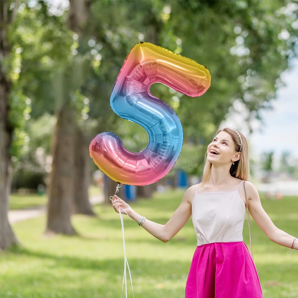 Number Balloon, Number 5 Balloon, 5 Balloon 40 Inch, Rainbow Gradient Number Balloons, 5 Balloon Number, 5Th Birthday Decoration