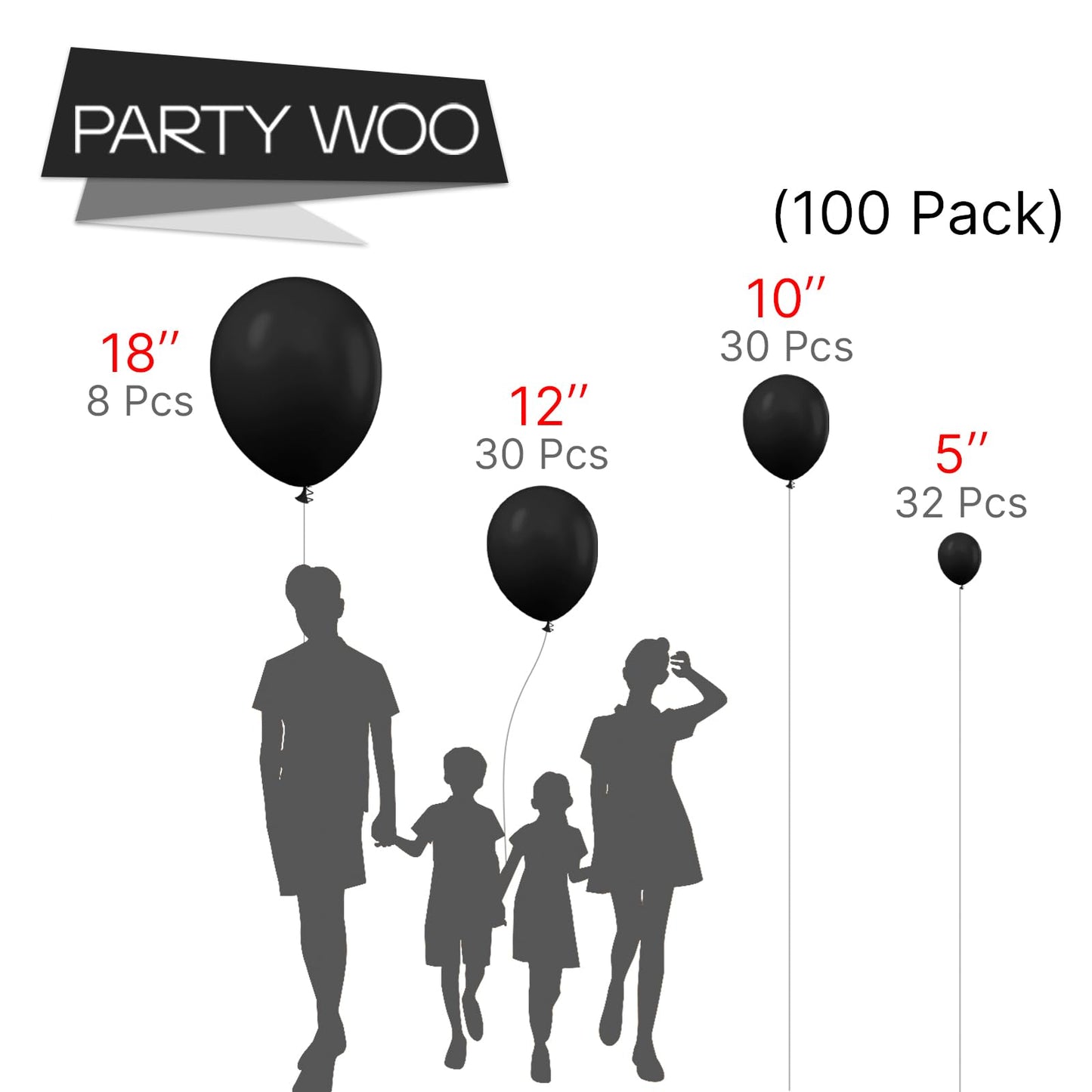 Partywoo Black Balloons 100 Pcs Black Matte Balloons Different Sizes Pack Of 18 12 10 5 Inch Black Balloon Arch Kit Black Balloon Garland For Birthday Graduation Halloween Party Decorations Black-Y18
