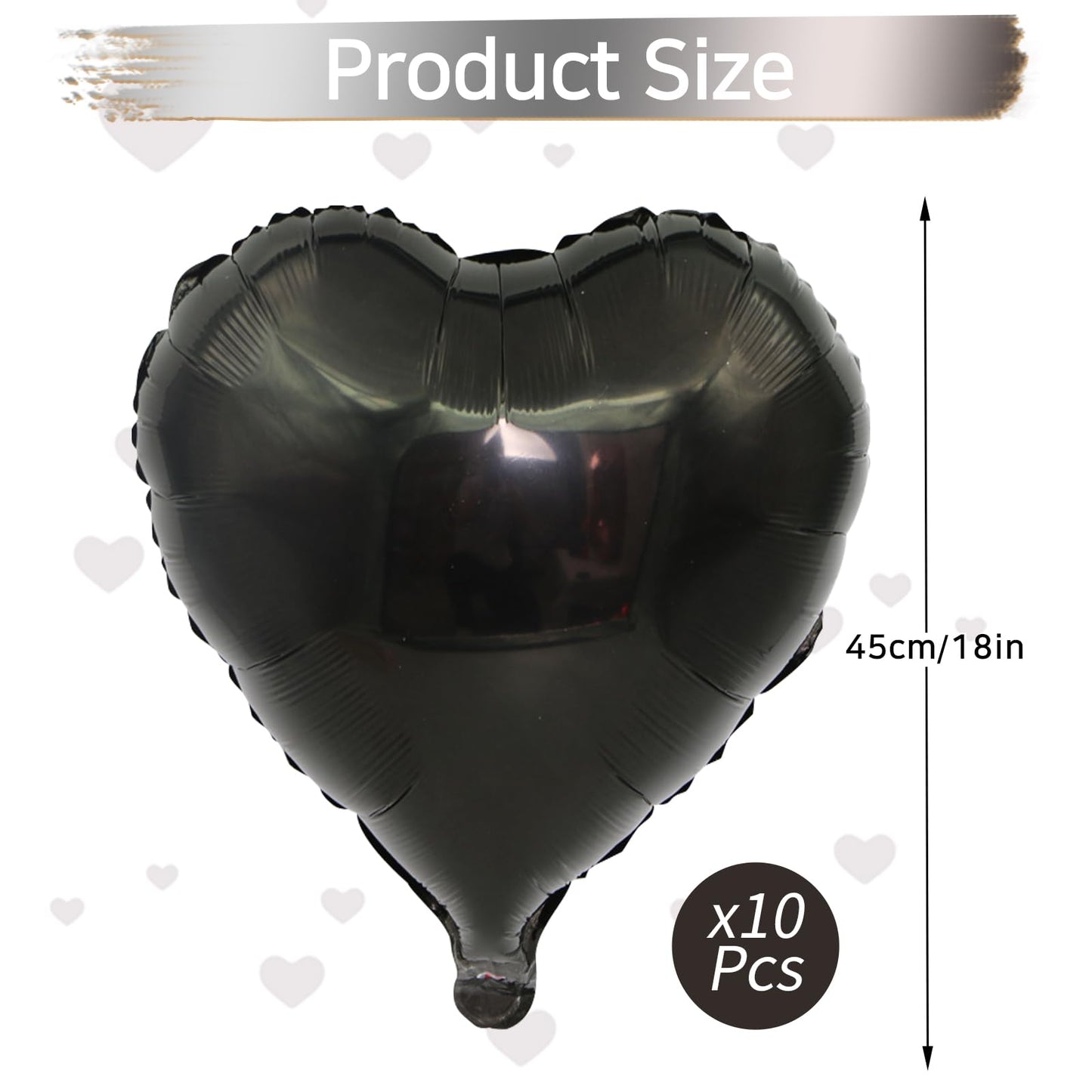 GRESATEK Black Heart Balloons - 10 Pcs 18-Inch Foil Mylar Balloons for Valentine's, Engagement, Birthday, and Wedding Decorations
