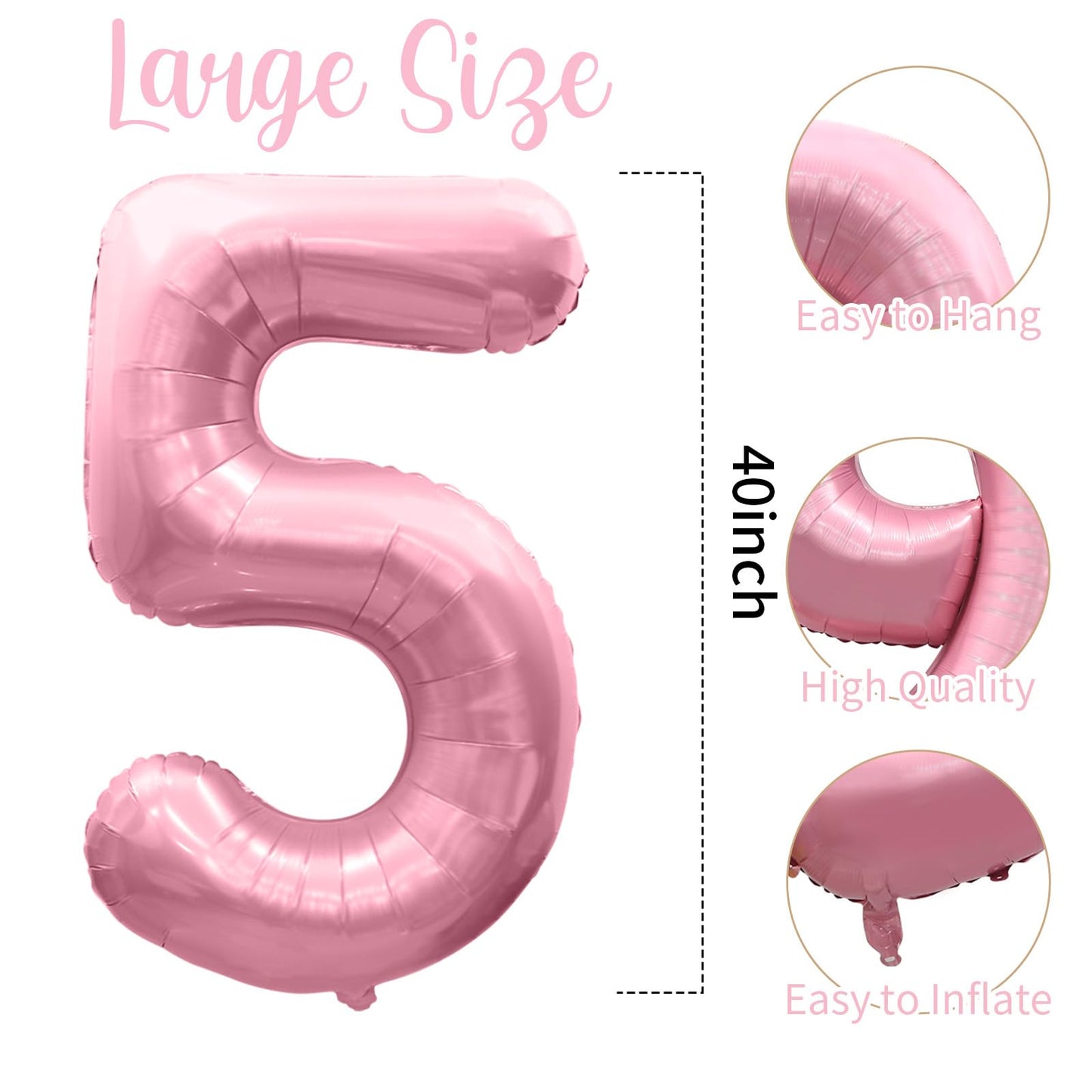 Wpensky 40 Inch Pink Foil Number 5 Balloon, Mylar 5th Birthday Party Decoration for Girls, Large Light Pink Balloon