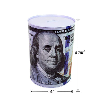 $100 Dollar Bill Piggy Bank 5 7/8'' Tall Coin Saving Money Currency Benjamin Franklin Tin Can Banknote Jar (1 Pack, 5 7/8'' X 4'