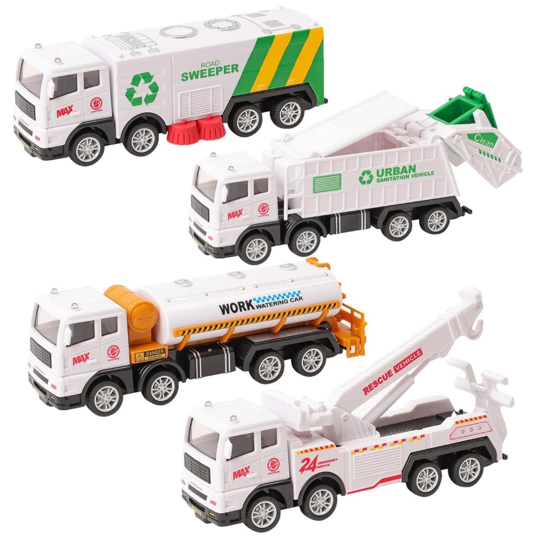 Pluspoint Garbage Truck Toy Vehicles Set 4 Pack Sanitation Model Recycle Trucks Water Tanker Playset Friction Power For Boys Age
