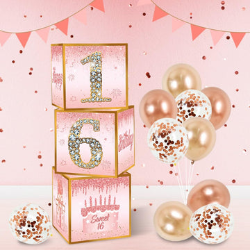 Toniful 4 Pcs Sweet 16Th Birthday Decorations Boxes For Girl, Sixteen Years Old Birthday Cardboard Box,Pink And Rose Gold 16Th B