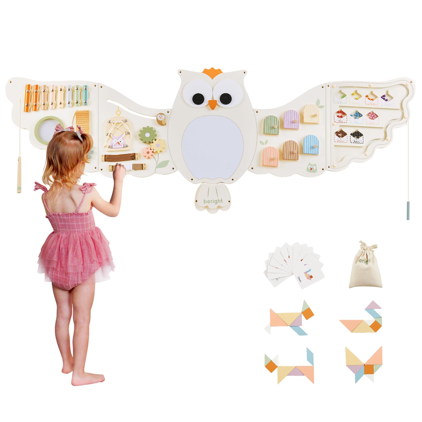 Beright Owl Activity Wall Busy Board Panels, Montessori Sensory Toys, Toddler Learning Activity Center, Perfect For Toddler Playroom & Children'S Daycare, White