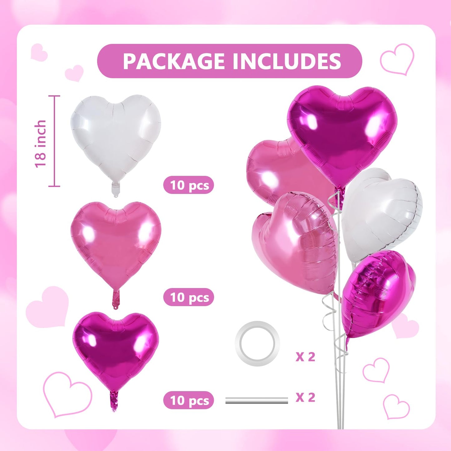 TONIFUL 30Pcs 18 Inch Pink White Heart Balloons Hot Pink Heart Shape Foil Mylar Balloons Decoration for Birthday Valentines Day