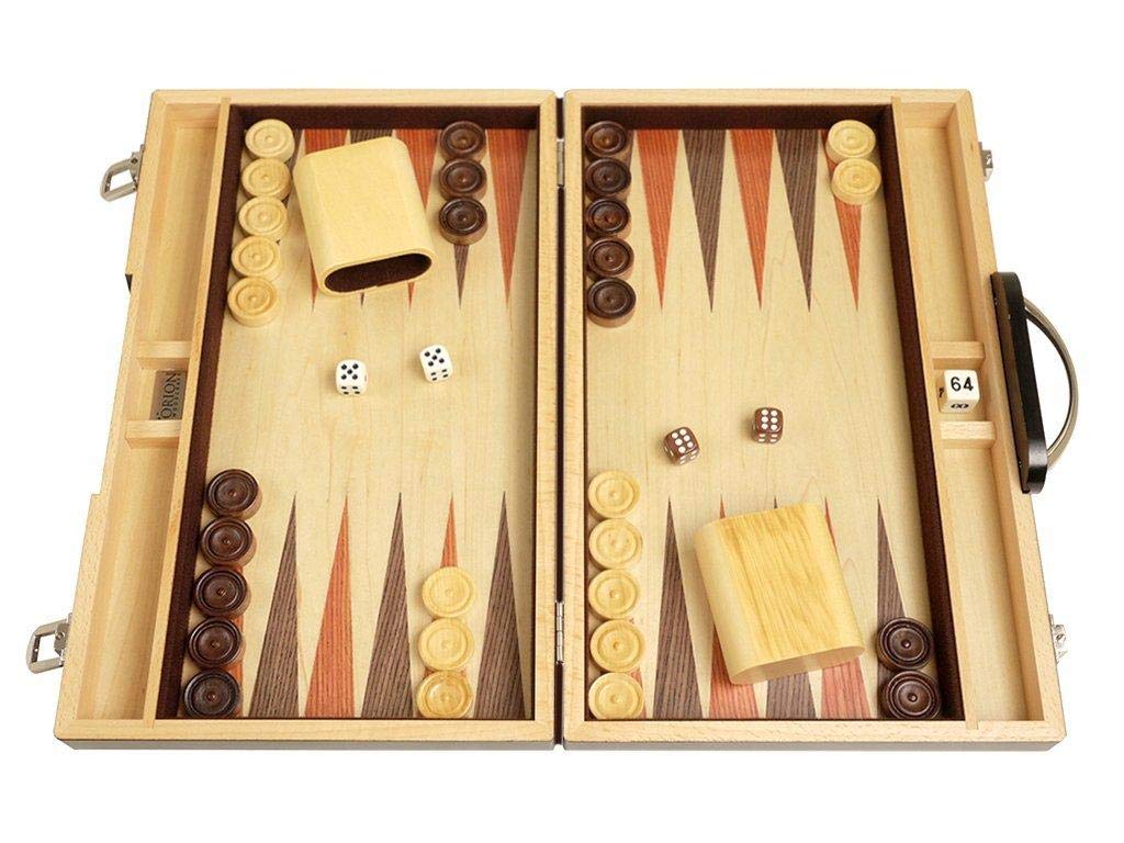 15-Inch Wood Backgammon Set - Black/Zebra Wood Board - Oak Inlaid Wood Field