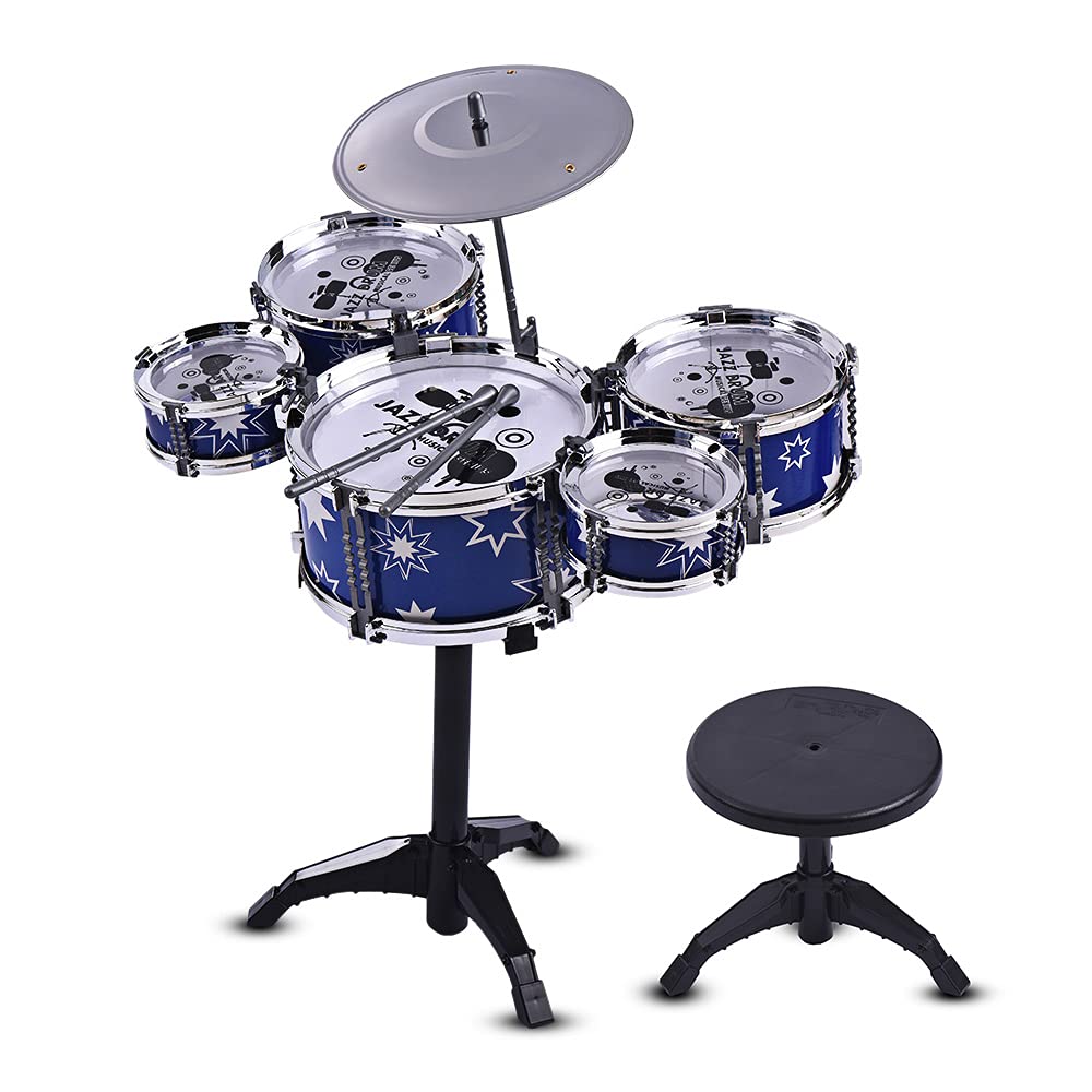 Excluzo Children Kids Jazz Drum Set Kit Musical Educational Instrument Toy 5 Drums + 1 Cymbal Wi Small Stool Drum Sti S For Boys
