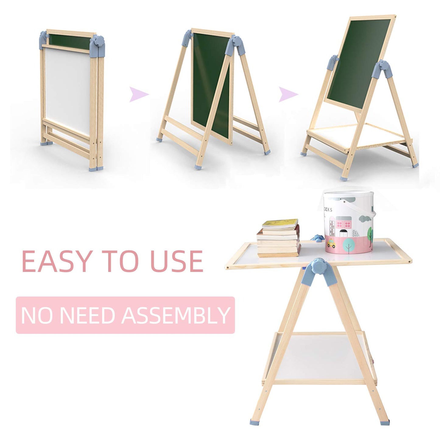 QZMTOY Kids Art Easel, Deluxe Standing Easel Set, Adjustable Art Table, Dry Erase Board&Chalkboard Double Sided Stand, 360Rotati