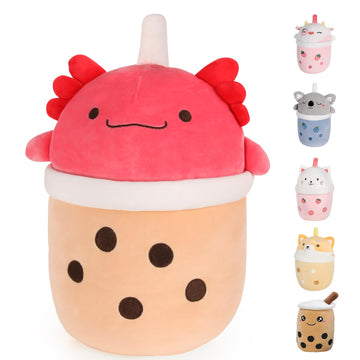 MMguai 14 inch Cute Big Axolotl Boba Tea Plush Soft Hugging Pillow Plushies,Large Red Pearl Milk Tea Stuffed Animals Toys Doll G