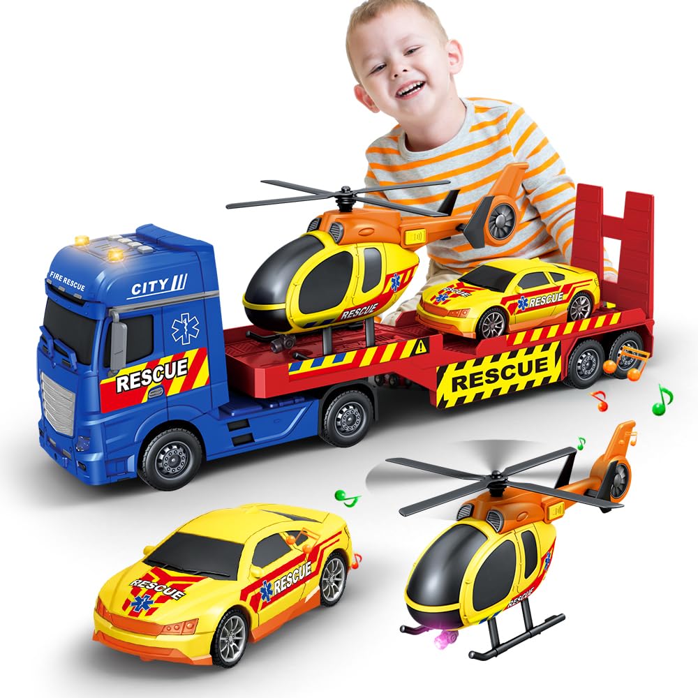 ANJARU 25'' Rescue Tow Truck with Racing Car and Helicopter for Toddlers Lights & Sounds Birthday Gift for 3-6 Years Boys and Gi