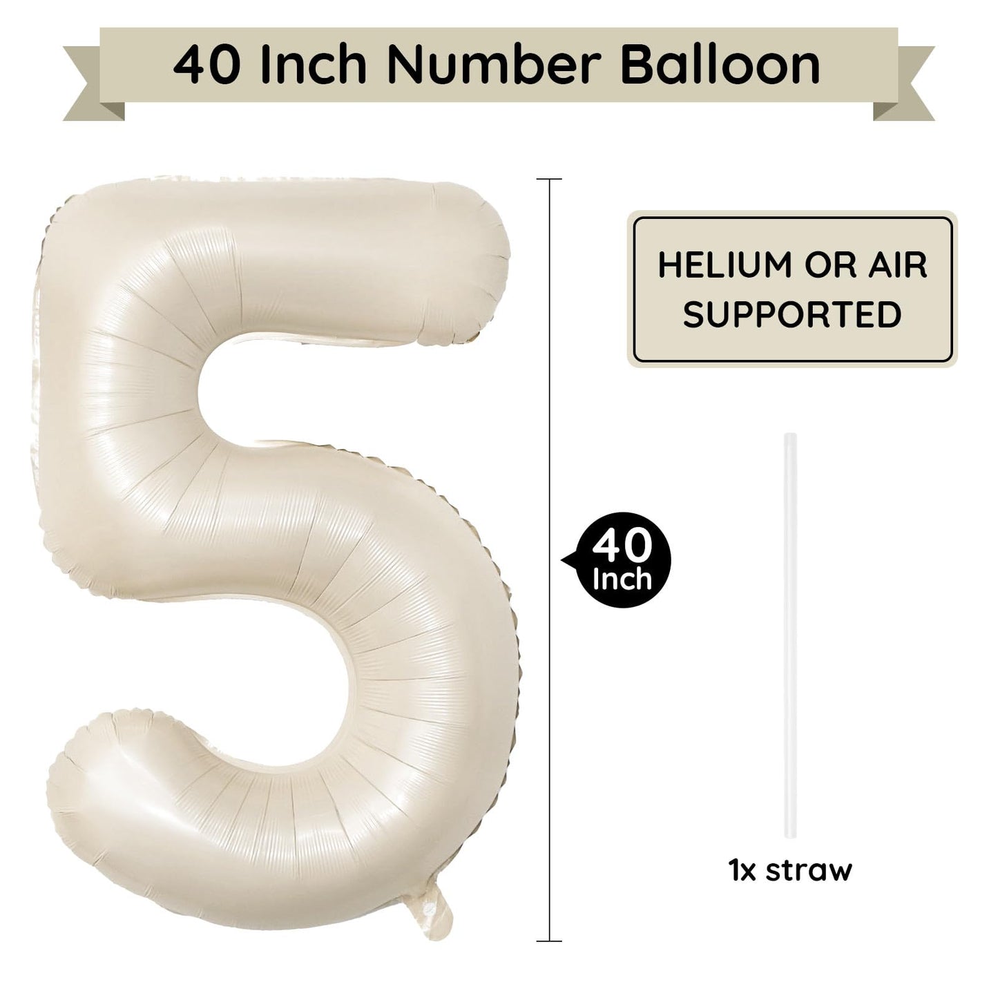 Paticool 40 Inch Beige Number Balloon 5, Large Cream Number Foil Mylar Balloons For Birthday Party Celebration Decorations Suppl