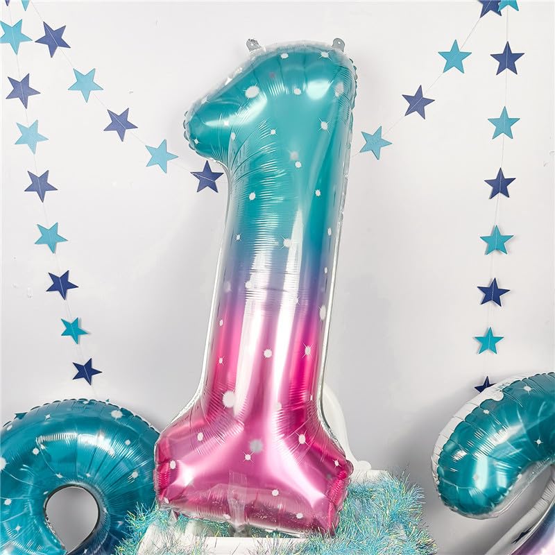 40 Inch Blue Pink Number 1 Balloon For 1St Birthday Decoration, Large Rainbow Mermaid Mylar Foil Number Balloons 0-9 For Girl, S