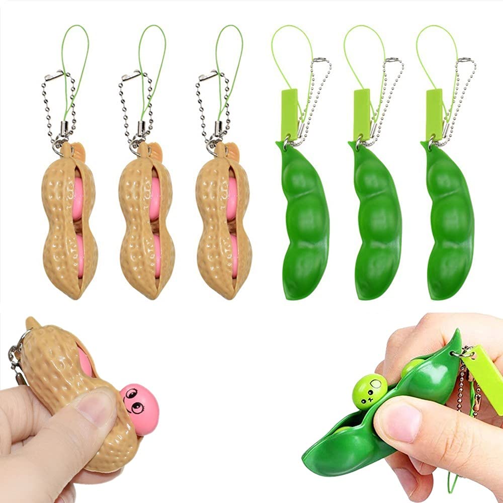 Ganjiang 6PCS Squeeze Bean Keychain Fidget Toys Pack for Both Children and mature-themed (3pcs Pea & 3pcs Peanut)