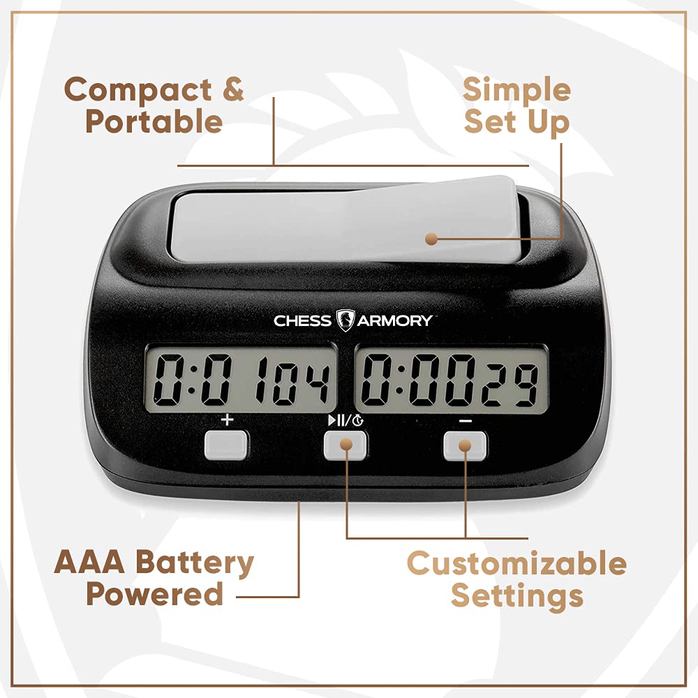 Chess Armory Digital Chess Clock - Portable Timer with Tournament Features, Black, Model LT1019001, Plastic Material