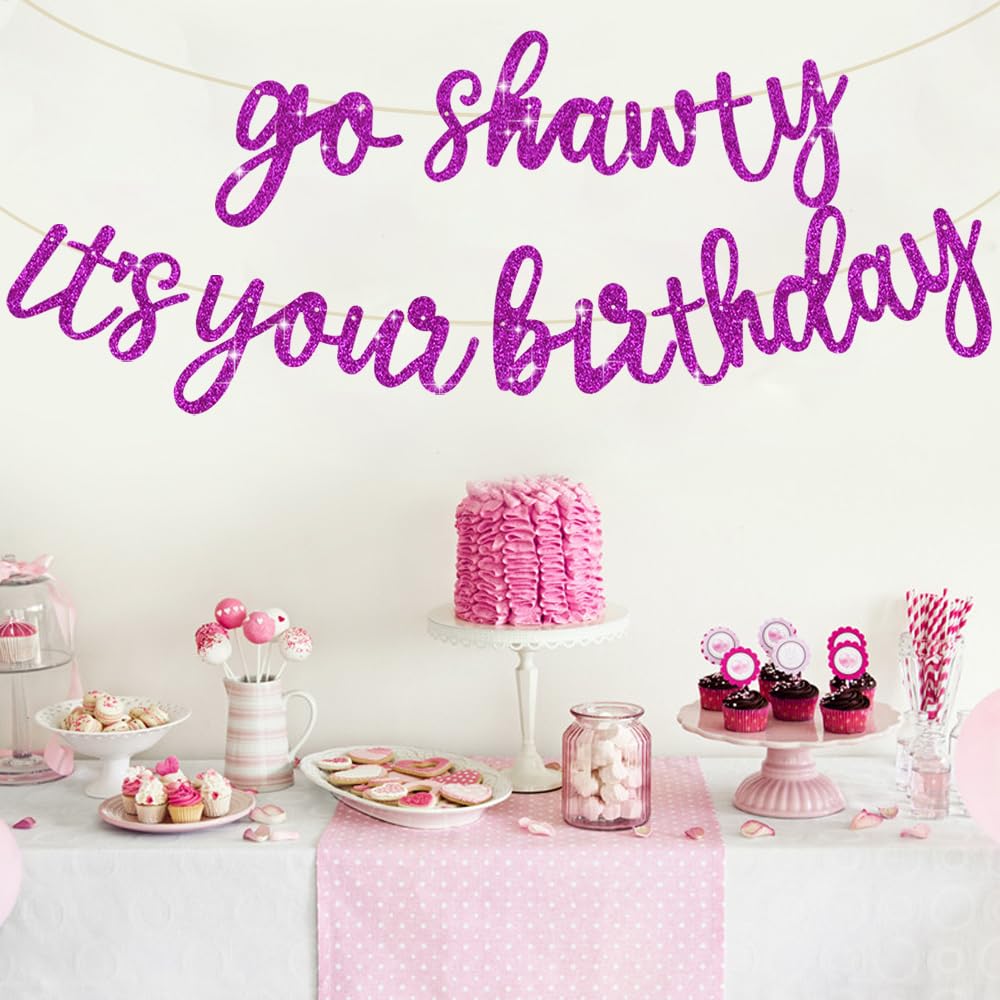 Beishida Purple Go Shawty It'S Your Birthday Banner - No Diy - Hip Hop Theme Glitter Happy Birthday Banner - Pre-Strung - Purple